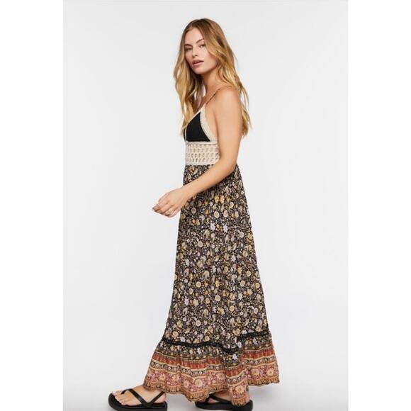 Forever 21 Crochet Floral Sundress L Black Babydoll Maxi Festival Hippie Gypsy - Picture 2 of 16